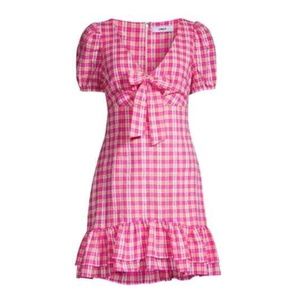 NWT Likely Kai Pink Plaid Tie Ruffle Hem Puff Sleeve Mini Lined Dress Size 6